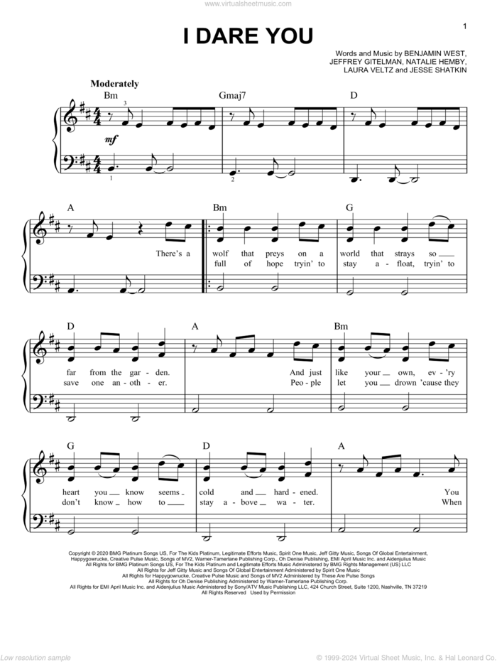 I Dare You, (easy) sheet music for piano solo by Kelly Clarkson, Benjamin West, Jeffrey Gitelman, Jesse Shatkin, Laura Veltz and Natalie Hemby, easy skill level