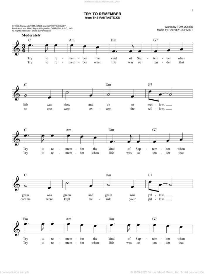Try To Remember (from The Fantasticks) sheet music for voice and other instruments (fake book) by Tom Jones, Harvey Schmidt and Tom Jones & Harvey Schmidt, intermediate skill level