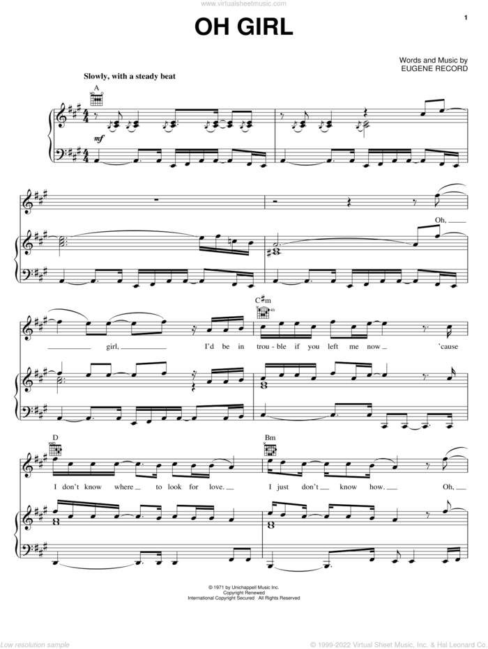 Oh Girl sheet music for voice, piano or guitar by Chi-Lites and Eugene Record, intermediate skill level