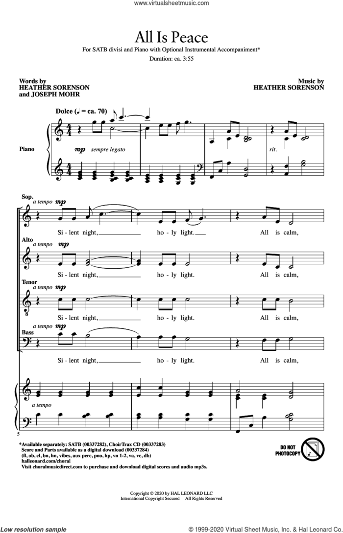 All Is Peace sheet music for choir (SATB: soprano, alto, tenor, bass) by Heather Sorenson, Heather Sorenson and Joseph Mohr and Joseph Mohr, intermediate skill level