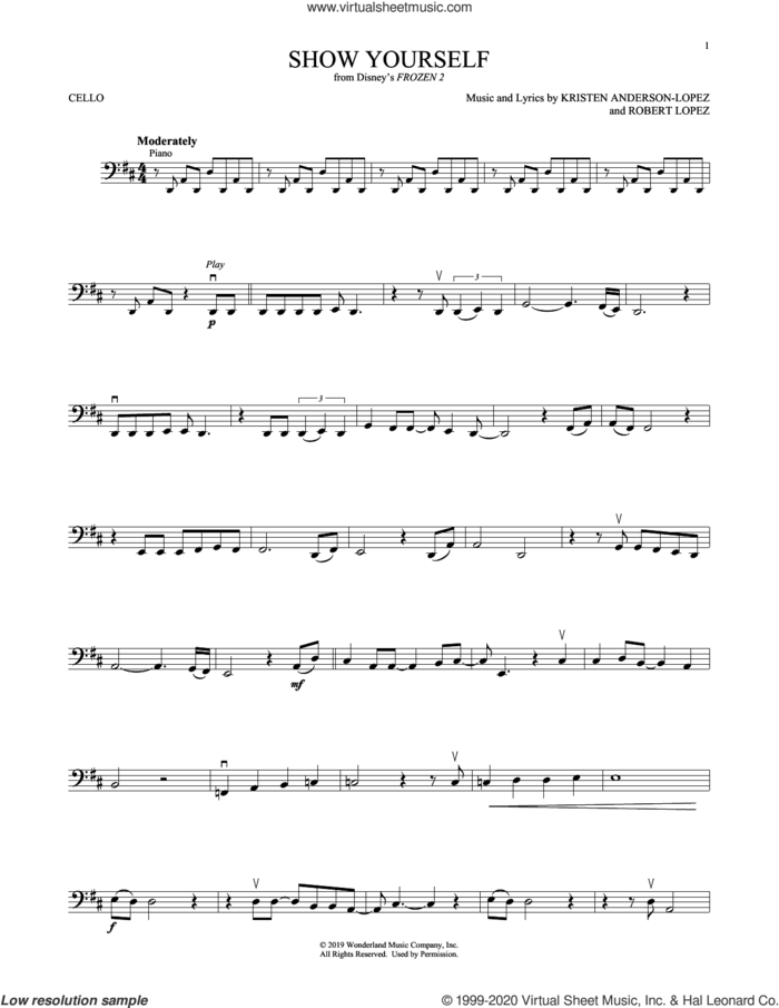 Show Yourself (from Disney's Frozen 2) sheet music for cello solo by Idina Menzel and Evan Rachel Wood, Kristen Anderson-Lopez and Robert Lopez, intermediate skill level