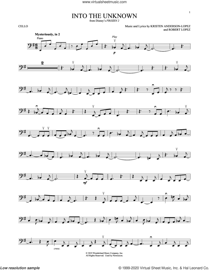 Into The Unknown (from Disney's Frozen 2) sheet music for cello solo by Idina Menzel and AURORA, Panic! At The Disco, Kristen Anderson-Lopez and Robert Lopez, intermediate skill level