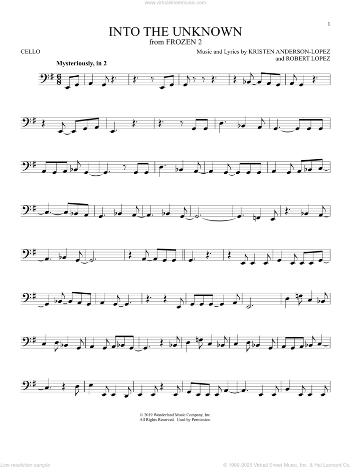 Into The Unknown (from Disney's Frozen 2) sheet music for cello solo by Idina Menzel and AURORA, Panic! At The Disco, Kristen Anderson-Lopez and Robert Lopez, intermediate skill level