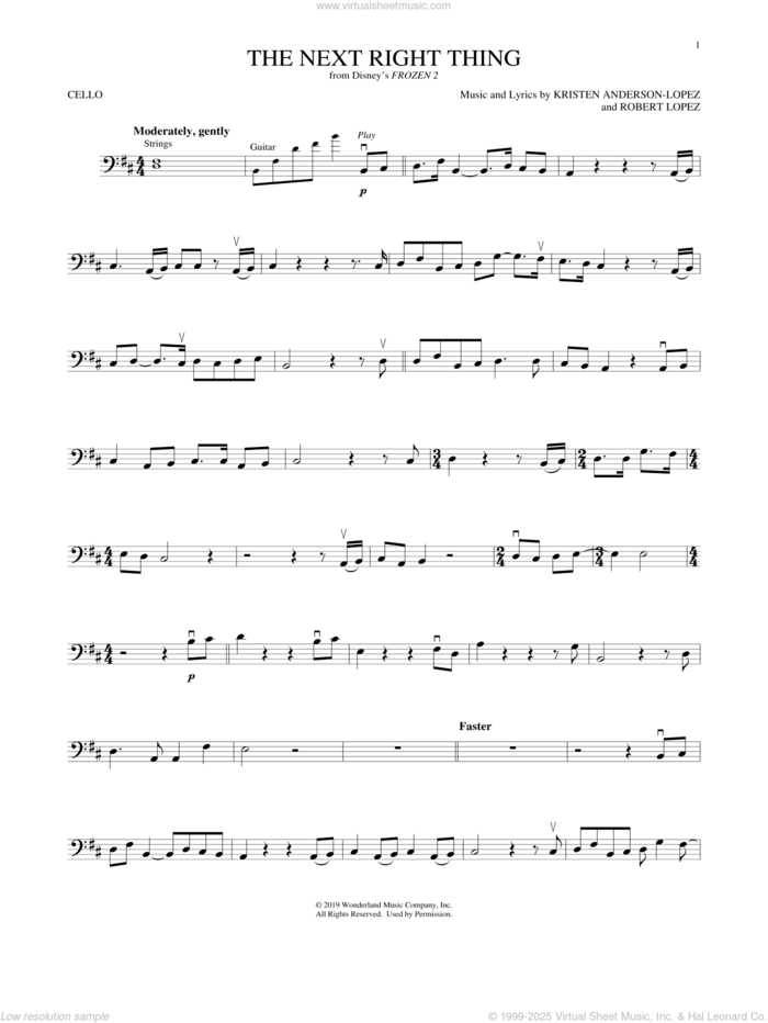 The Next Right Thing (from Disney's Frozen 2) sheet music for cello solo by Kristen Bell, Kristen Anderson-Lopez and Robert Lopez, intermediate skill level