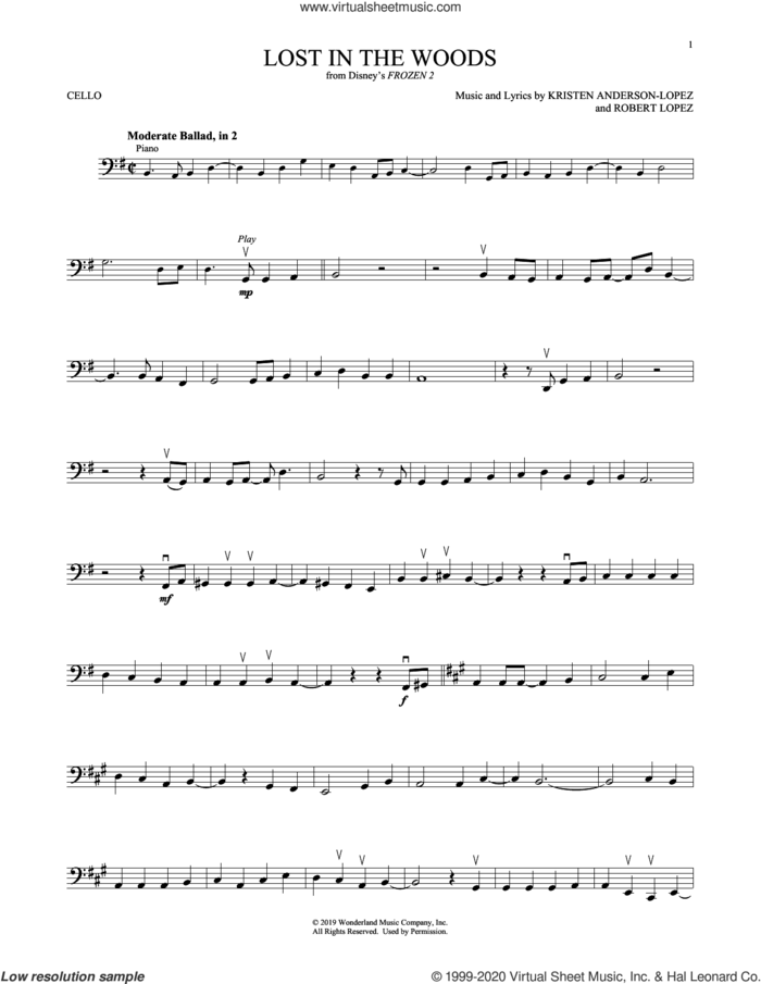 Lost In The Woods (from Disney's Frozen 2) sheet music for cello solo by Jonathan Groff, Kristen Anderson-Lopez and Robert Lopez, intermediate skill level