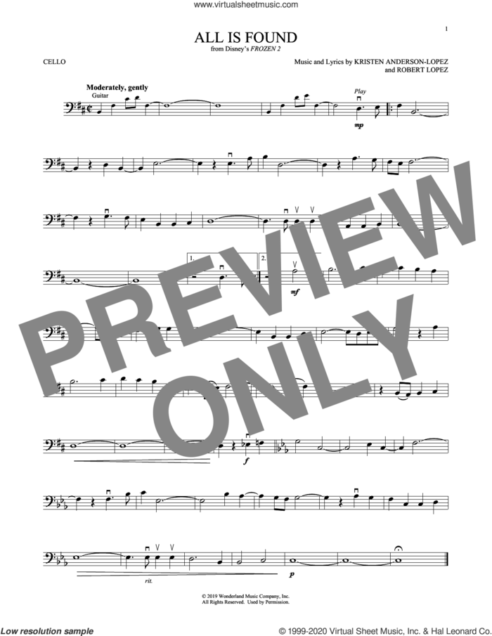 All Is Found (from Disney's Frozen 2) sheet music for cello solo by Evan Rachel Wood, Kristen Anderson-Lopez and Robert Lopez, intermediate skill level