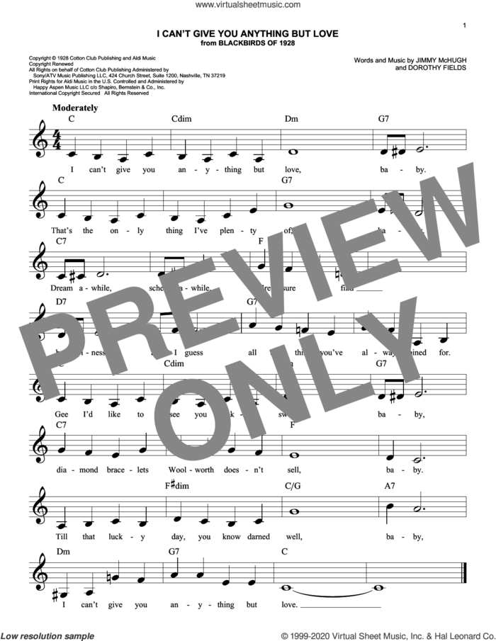 I Can't Give You Anything But Love (from Blackbirds of 1928) sheet music for voice and other instruments (fake book) by Dorothy Fields, Jimmy McHugh and Jimmy McHugh and Dorothy Fields, easy skill level