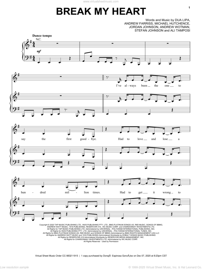 Break My Heart sheet music for voice, piano or guitar by Dua Lipa, Ali Tamposi, Andrew Farris, Andrew Wotman, Jordan Johnson, Michael Hutchence and Stefan Johnson, intermediate skill level