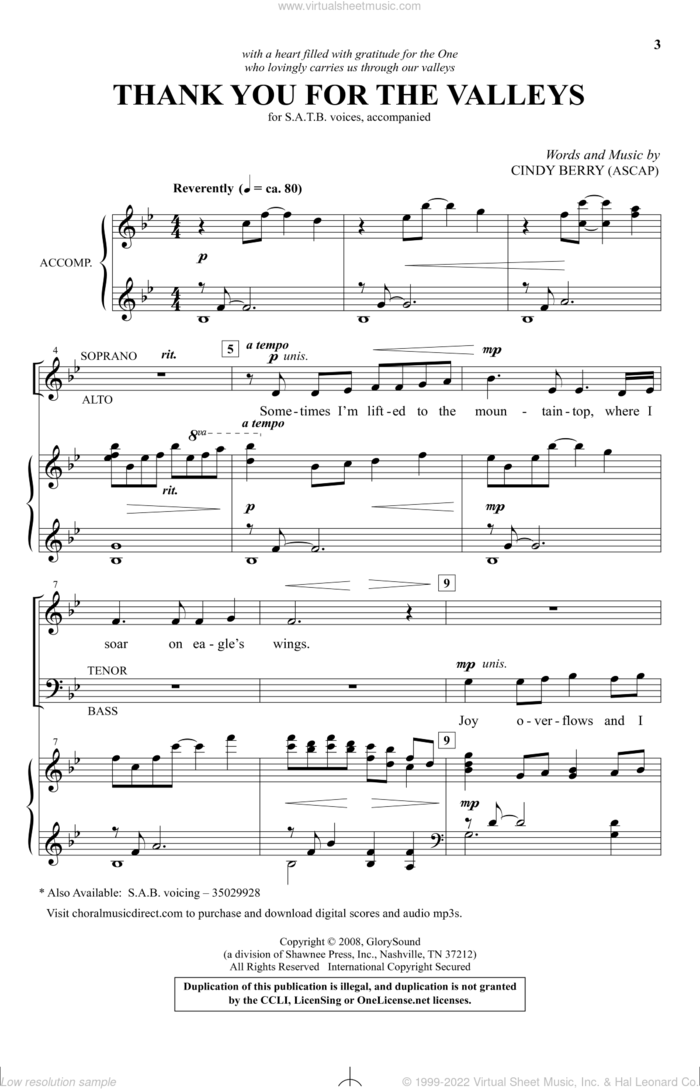 Thank You For The Valleys sheet music for choir (SATB: soprano, alto, tenor, bass) by Cindy Berry, intermediate skill level