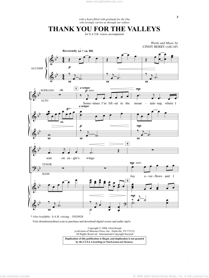 Thank You For The Valleys sheet music for choir (SATB: soprano, alto, tenor, bass) by Cindy Berry, intermediate skill level