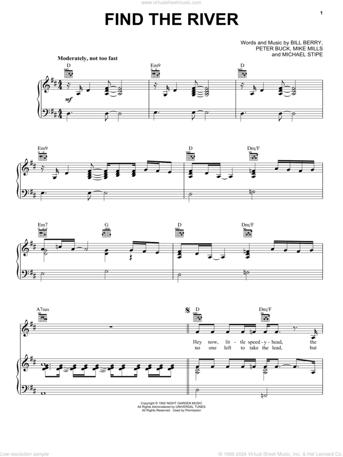 Find The River sheet music for voice, piano or guitar by R.E.M., Bill Berry, Michael Stipe, Mike Mills and Peter Buck, intermediate skill level