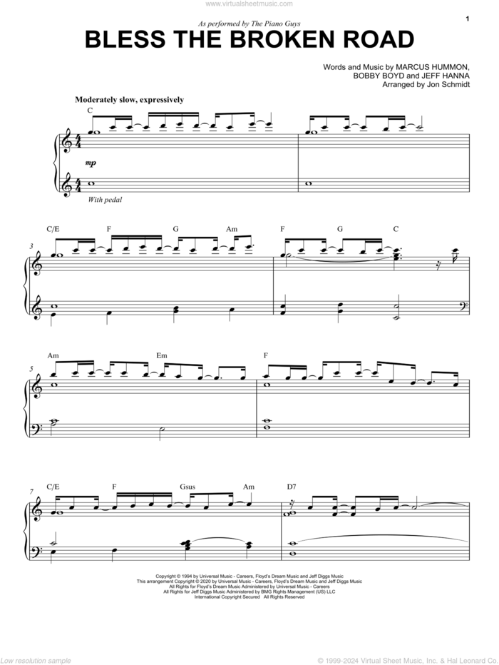 Bless The Broken Road sheet music for piano solo by The Piano Guys, Jon Schmidt, Rascal Flatts, Bobby Boyd, Jeffrey Hanna and Marcus Hummon, wedding score, intermediate skill level