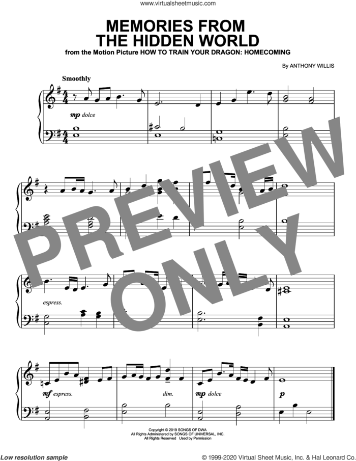 Memories From The Hidden World (from How To Train Your Dragon: Homecoming), (easy) sheet music for piano solo by Anthony Willis, easy skill level