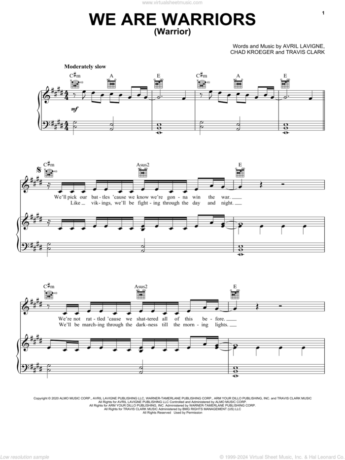 We Are Warriors (Warrior) sheet music for voice, piano or guitar by Avril Lavigne, Chad Kroeger and Travis Clark, intermediate skill level
