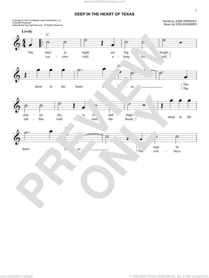 Deep In The Heart Of Texas sheet music for voice and other instruments (fake book) by Gene Autry, Don Swander and June Hershey, easy skill level