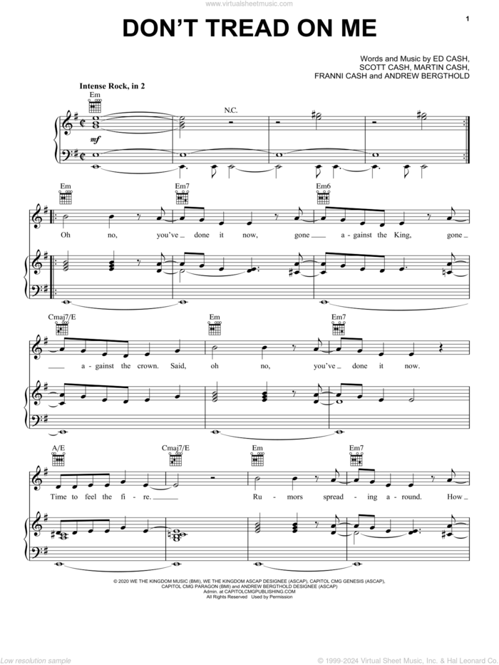 Don't Tread On Me sheet music for voice, piano or guitar by We The Kingdom, Andrew Bergthold, Ed Cash, Franni Cash, Martin Cash and Scott Cash, intermediate skill level