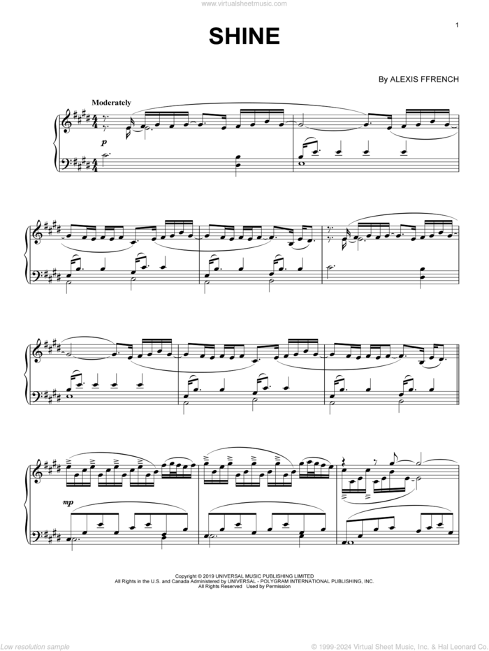 Shine sheet music for piano solo by Alexis Ffrench, intermediate skill level