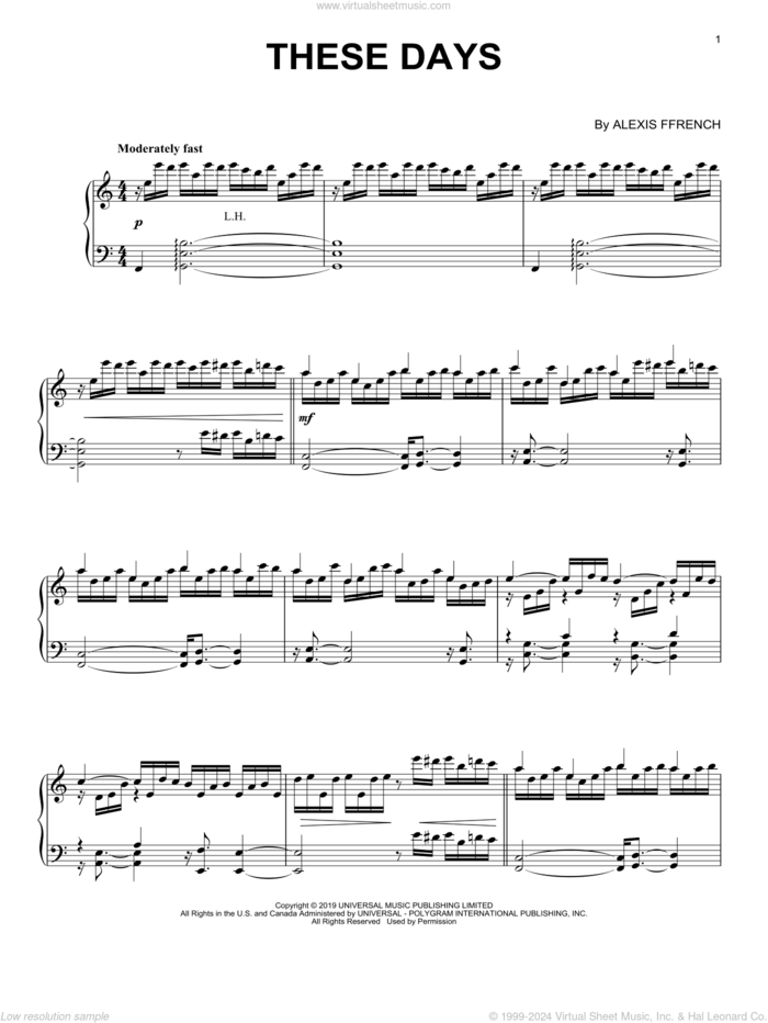 These Days sheet music for piano solo by Alexis Ffrench, intermediate skill level