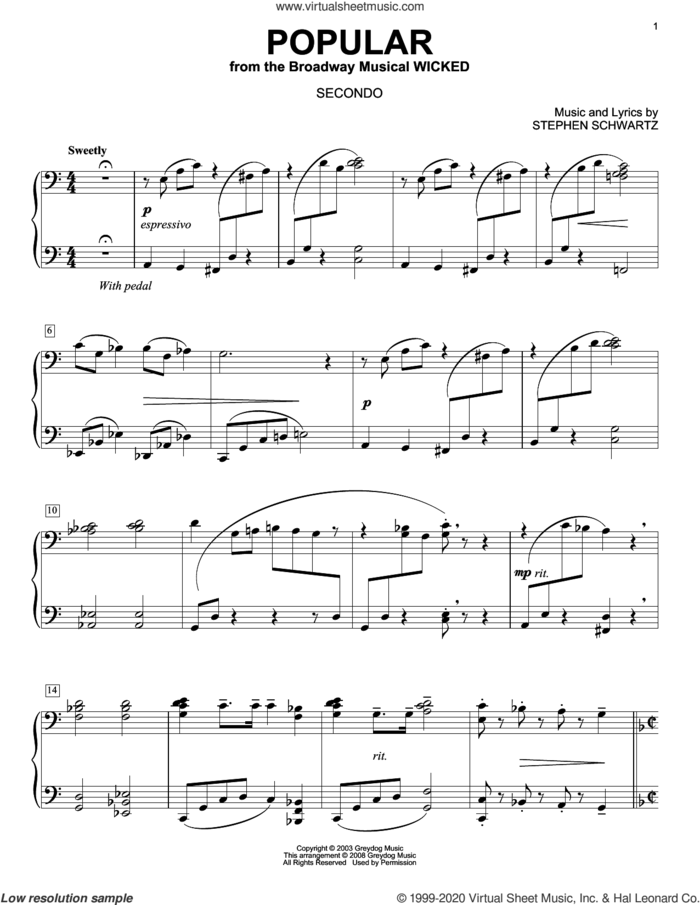 Popular (from Wicked) (arr. Carol Klose) sheet music for piano four hands by Stephen Schwartz and Carol Klose, intermediate skill level