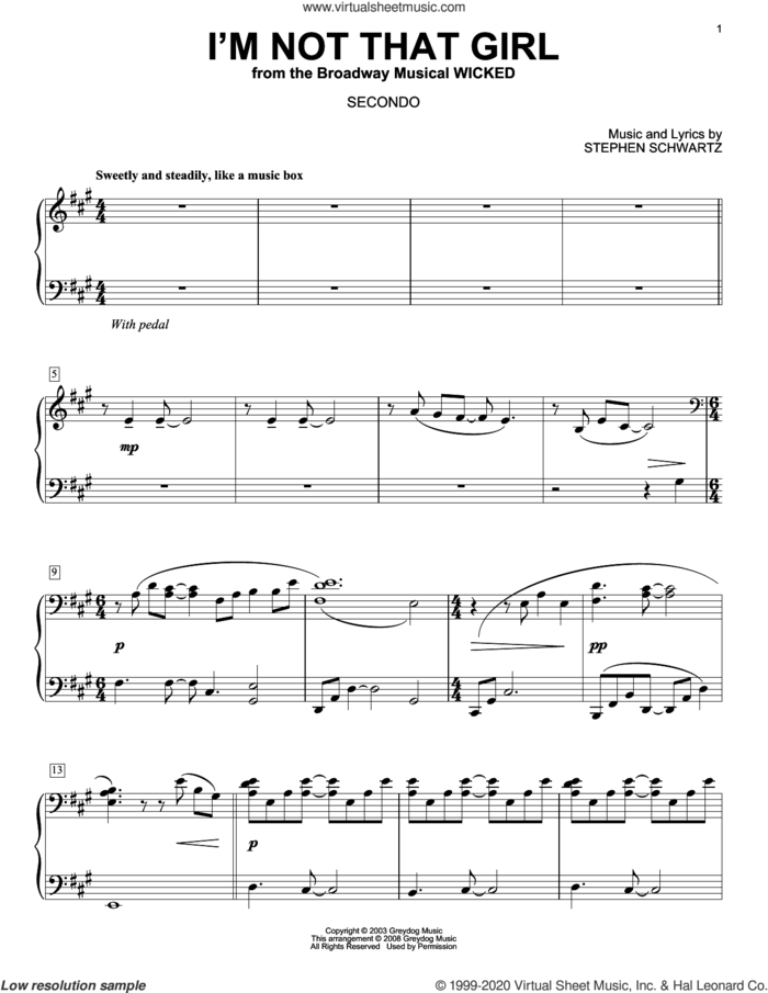 I'm Not That Girl (from Wicked) (arr. Carol Klose) sheet music for piano four hands by Stephen Schwartz and Carol Klose, intermediate skill level