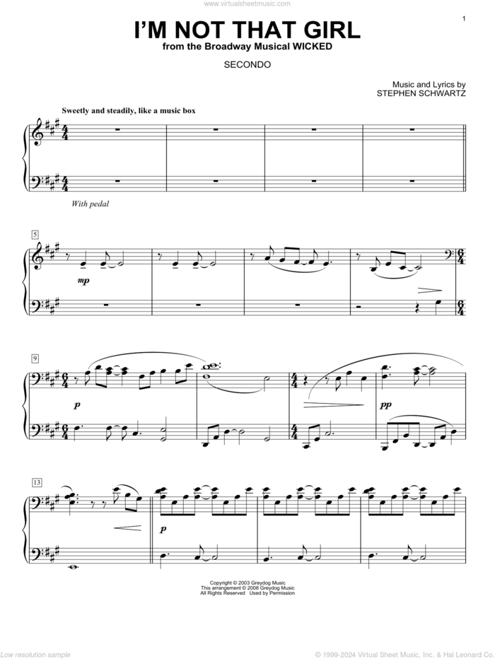 I'm Not That Girl (from Wicked) (arr. Carol Klose) sheet music for piano four hands by Stephen Schwartz and Carol Klose, intermediate skill level