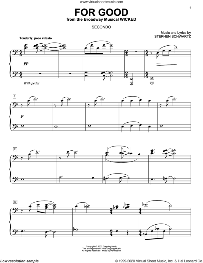 For Good (from Wicked) (arr. Carol Klose) sheet music for piano four hands by Stephen Schwartz and Carol Klose, intermediate skill level