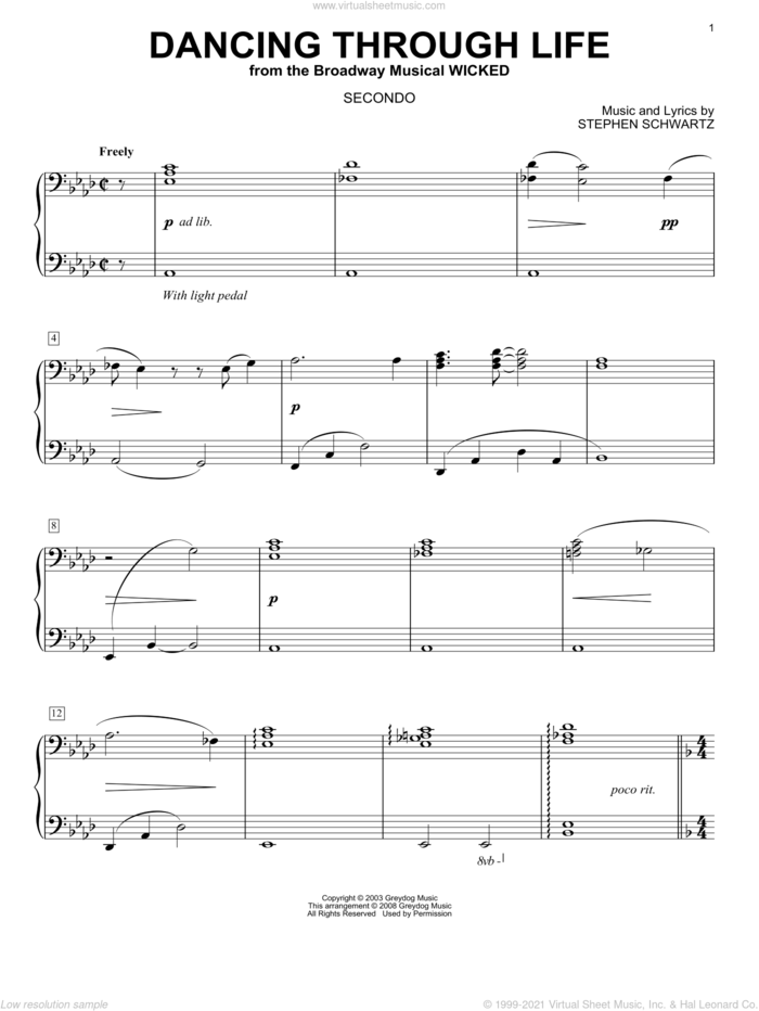 Dancing Through Life (from Wicked) (arr. Carol Klose) sheet music for piano four hands by Stephen Schwartz and Carol Klose, intermediate skill level
