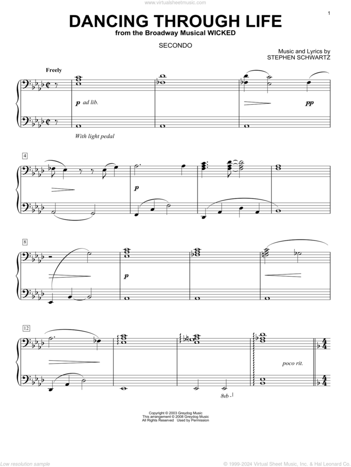 Dancing Through Life (from Wicked) (arr. Carol Klose) sheet music for piano four hands by Stephen Schwartz and Carol Klose, intermediate skill level