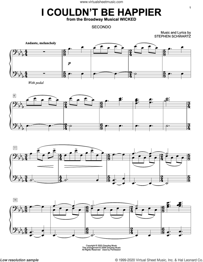 I Couldn't Be Happier (from Wicked) (arr. Carol Klose) sheet music for piano four hands by Stephen Schwartz and Carol Klose, intermediate skill level