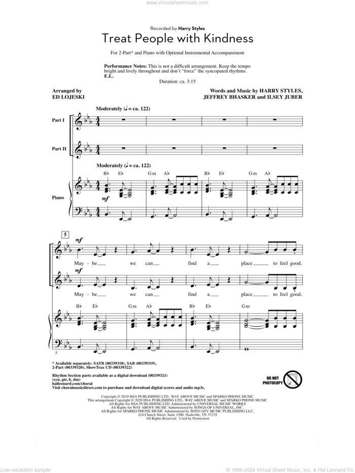 Treat People With Kindness (arr. Ed Lojeski) sheet music for choir (2-Part) by Harry Styles, Ed Lojeski, Ilsey Juber and Jeff Bhasker, intermediate duet