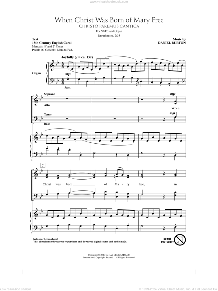 When Christ Was Born Of Mary Free (Christo Paremus Cantica) sheet music for choir (SATB: soprano, alto, tenor, bass) by Daniel Burton and 15th Century English Carol, intermediate skill level