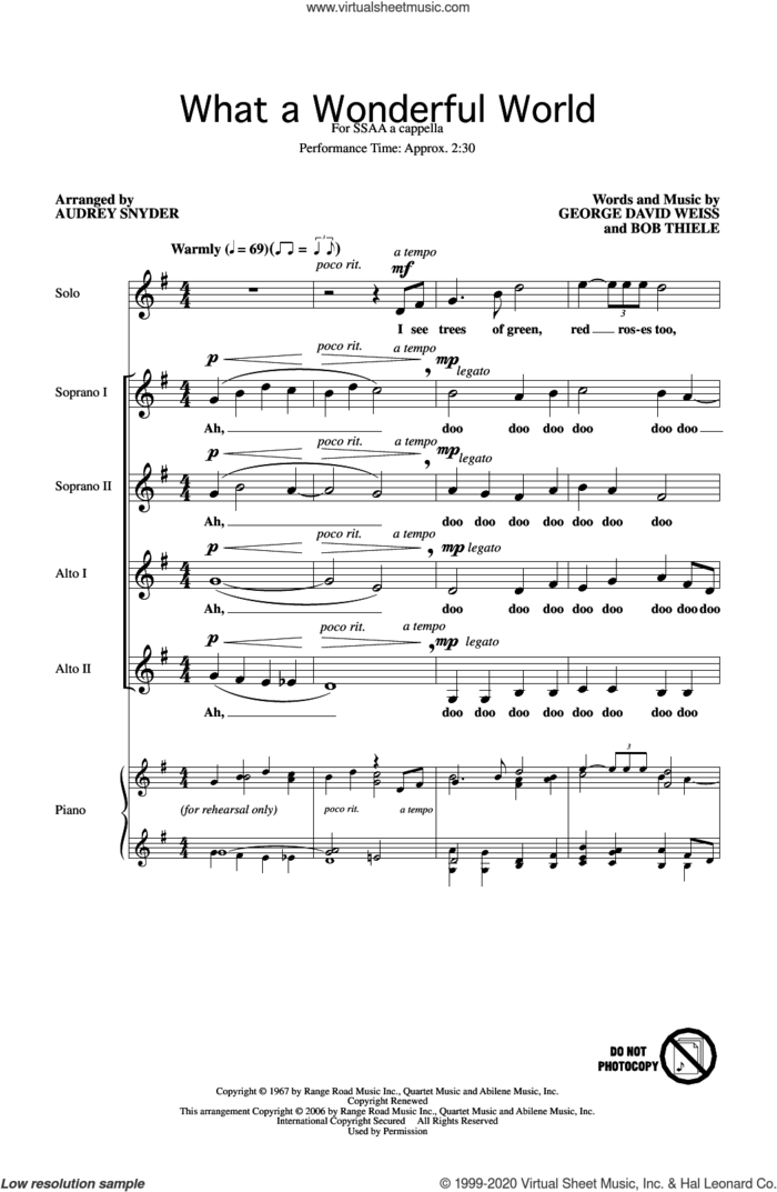 What A Wonderful World (arr. Audrey Snyder) sheet music for choir (SSAA: soprano, alto) by Louis Armstrong, Audrey Snyder, Bob Thiele and George David Weiss, intermediate skill level