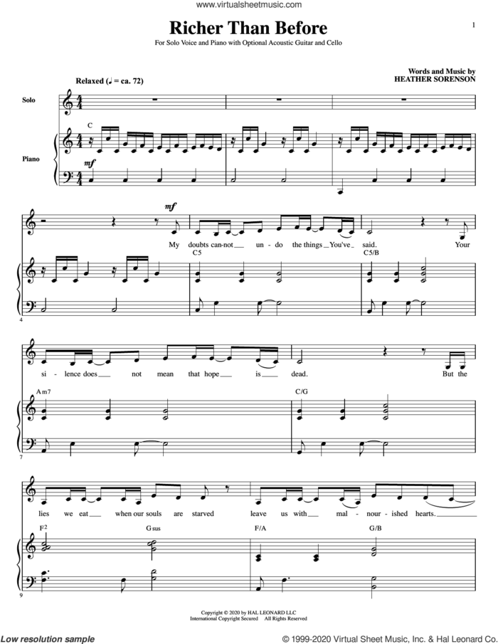 Richer Than Before (for Low Voice, Acoustic Guitar and Cello) sheet music for voice and piano by Heather Sorenson, intermediate skill level