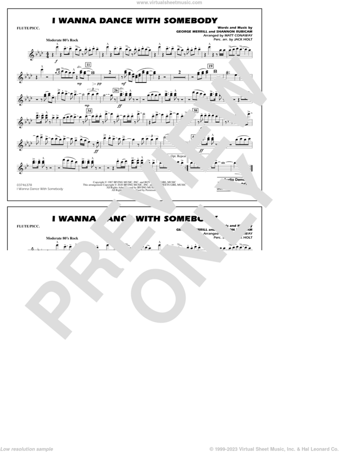 I Wanna Dance with Somebody (arr. Conaway and Holt) sheet music for marching band (flute/piccolo) by Whitney Houston, Jack Holt, Matt Conaway, George Merrill and Shannon Rubicam, intermediate skill level