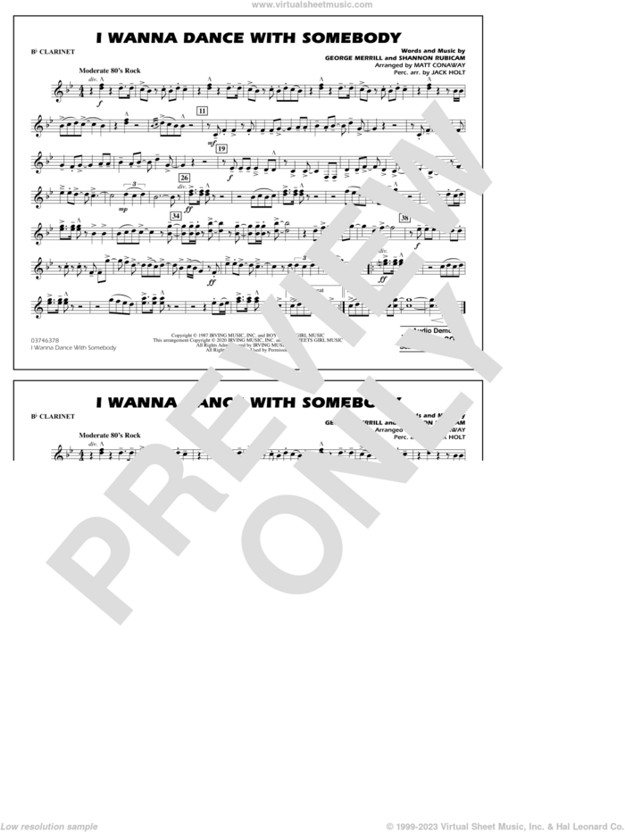 I Wanna Dance with Somebody (arr. Conaway and Holt) sheet music for marching band (Bb clarinet) by Whitney Houston, Jack Holt, Matt Conaway, George Merrill and Shannon Rubicam, intermediate skill level