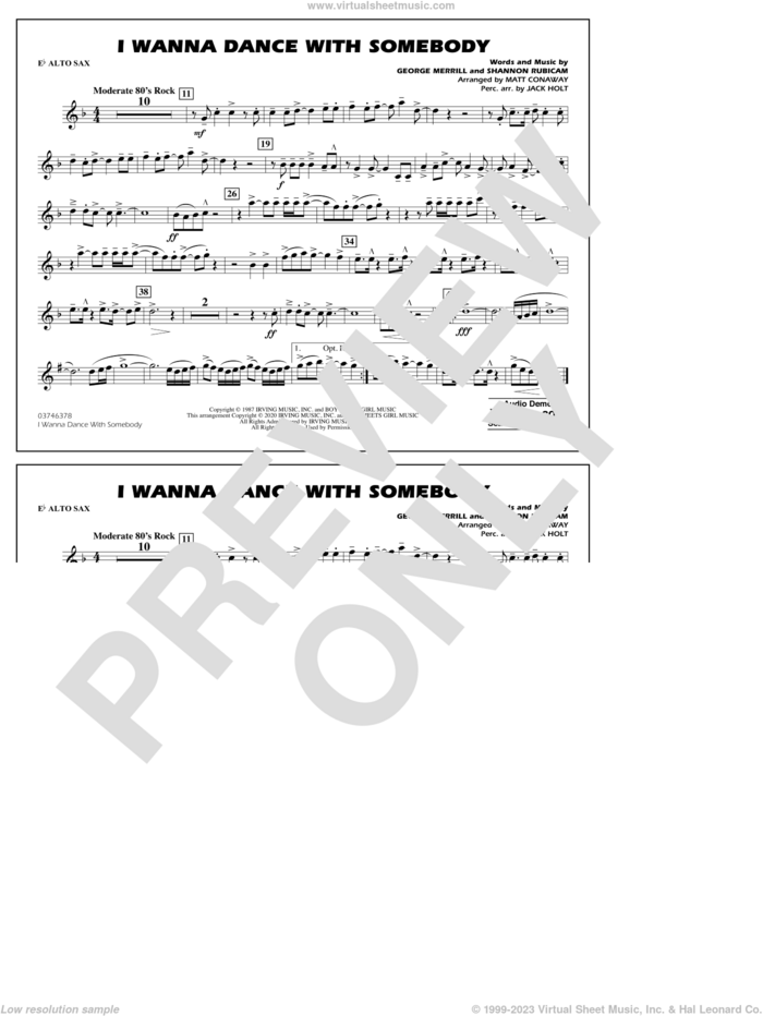 I Wanna Dance with Somebody (arr. Conaway and Holt) sheet music for marching band (Eb alto sax) by Whitney Houston, Jack Holt, Matt Conaway, George Merrill and Shannon Rubicam, intermediate skill level