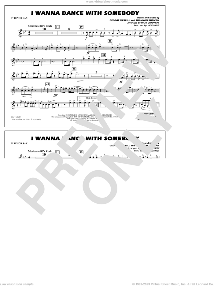 I Wanna Dance with Somebody (arr. Conaway and Holt) sheet music for marching band (Bb tenor sax) by Whitney Houston, Jack Holt, Matt Conaway, George Merrill and Shannon Rubicam, intermediate skill level