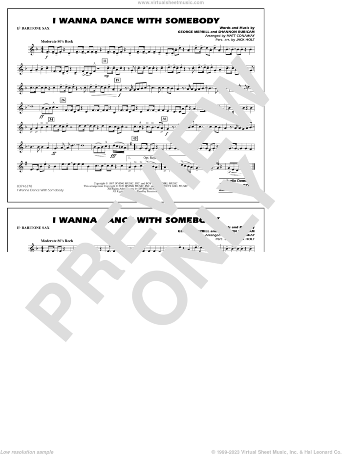 I Wanna Dance with Somebody (arr. Conaway and Holt) sheet music for marching band (Eb baritone sax) by Whitney Houston, Jack Holt, Matt Conaway, George Merrill and Shannon Rubicam, intermediate skill level