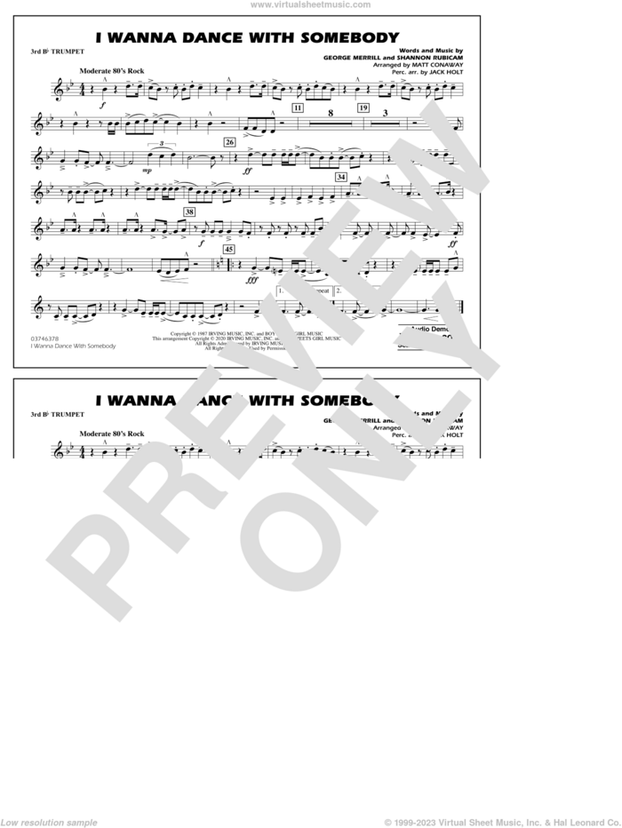 I Wanna Dance with Somebody (arr. Conaway and Holt) sheet music for marching band (3rd Bb trumpet) by Whitney Houston, Jack Holt, Matt Conaway, George Merrill and Shannon Rubicam, intermediate skill level