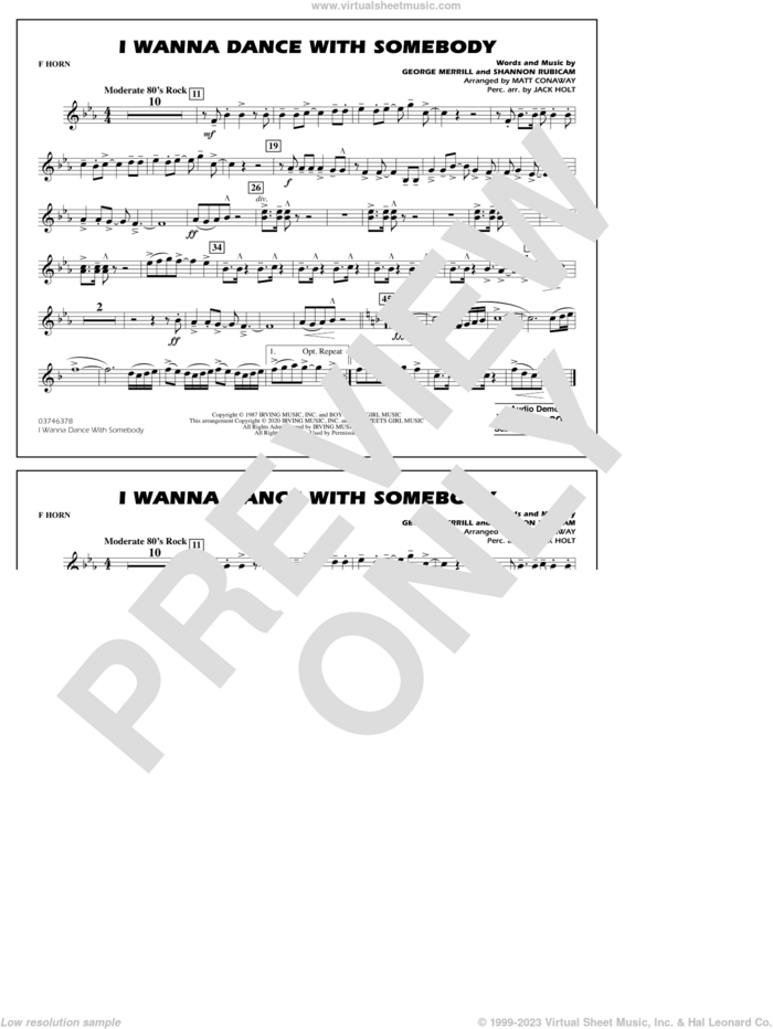 I Wanna Dance with Somebody (arr. Conaway and Holt) sheet music for marching band (f horn) by Whitney Houston, Jack Holt, Matt Conaway, George Merrill and Shannon Rubicam, intermediate skill level