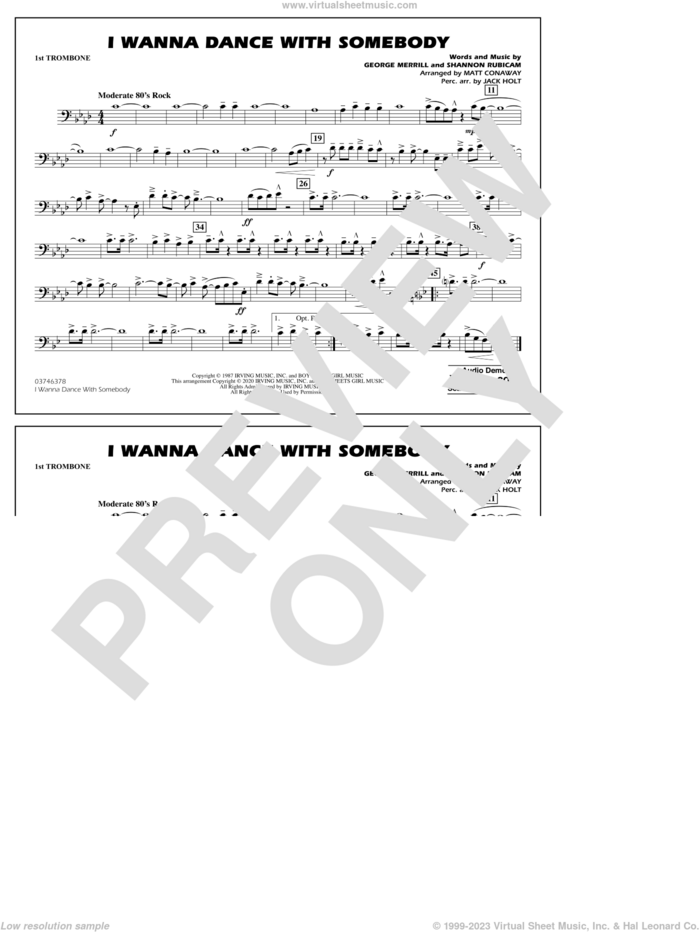 I Wanna Dance with Somebody (arr. Conaway and Holt) sheet music for marching band (1st trombone) by Whitney Houston, Jack Holt, Matt Conaway, George Merrill and Shannon Rubicam, intermediate skill level