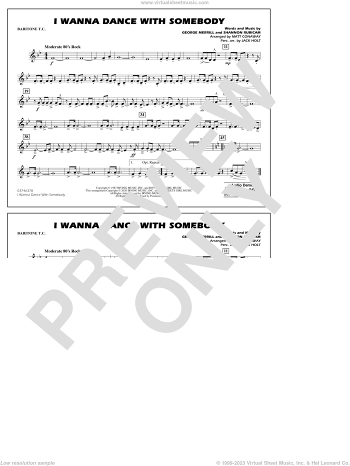 I Wanna Dance with Somebody (arr. Conaway and Holt) sheet music for marching band (baritone t.c.) by Whitney Houston, Jack Holt, Matt Conaway, George Merrill and Shannon Rubicam, intermediate skill level