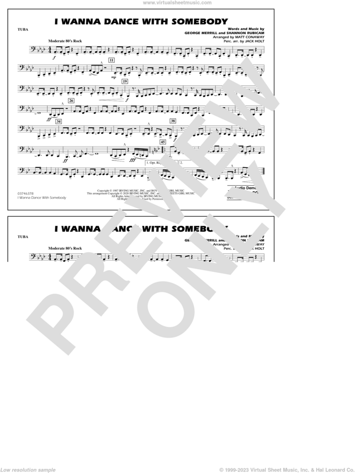 I Wanna Dance with Somebody (arr. Conaway and Holt) sheet music for marching band (tuba) by Whitney Houston, Jack Holt, Matt Conaway, George Merrill and Shannon Rubicam, intermediate skill level