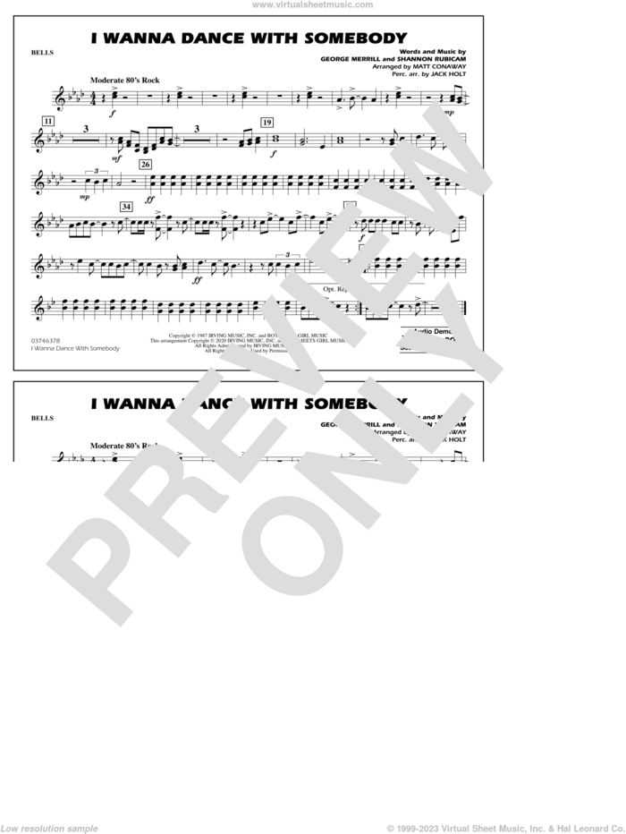 I Wanna Dance with Somebody (arr. Conaway and Holt) sheet music for marching band (bells) by Whitney Houston, Jack Holt, Matt Conaway, George Merrill and Shannon Rubicam, intermediate skill level
