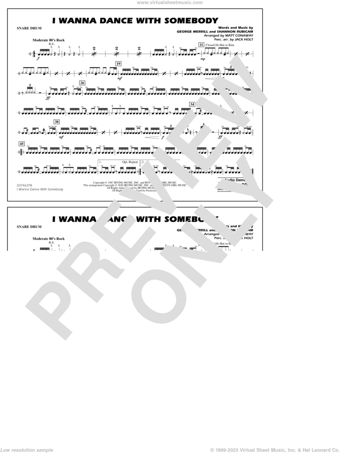 I Wanna Dance with Somebody (arr. Conaway and Holt) sheet music for marching band (snare drum) by Whitney Houston, Jack Holt, Matt Conaway, George Merrill and Shannon Rubicam, intermediate skill level