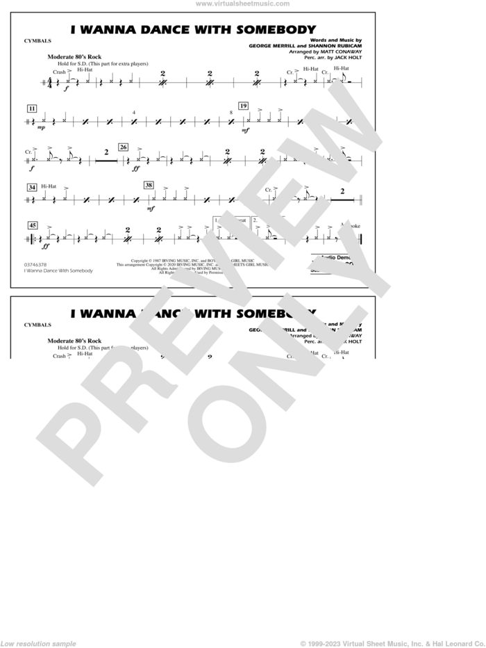 I Wanna Dance with Somebody (arr. Conaway and Holt) sheet music for marching band (cymbals) by Whitney Houston, Jack Holt, Matt Conaway, George Merrill and Shannon Rubicam, intermediate skill level