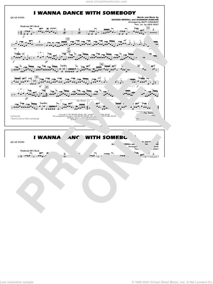 I Wanna Dance with Somebody (arr. Conaway and Holt) sheet music for marching band (quad toms) by Whitney Houston, Jack Holt, Matt Conaway, George Merrill and Shannon Rubicam, intermediate skill level
