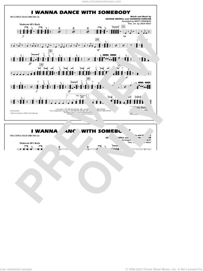 I Wanna Dance with Somebody (arr. Conaway and Holt) sheet music for marching band (multiple bass drums) by Whitney Houston, Jack Holt, Matt Conaway, George Merrill and Shannon Rubicam, intermediate skill level