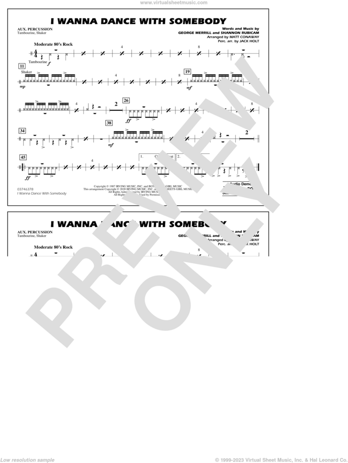 I Wanna Dance with Somebody (arr. Conaway and Holt) sheet music for marching band (aux percussion) by Whitney Houston, Jack Holt, Matt Conaway, George Merrill and Shannon Rubicam, intermediate skill level
