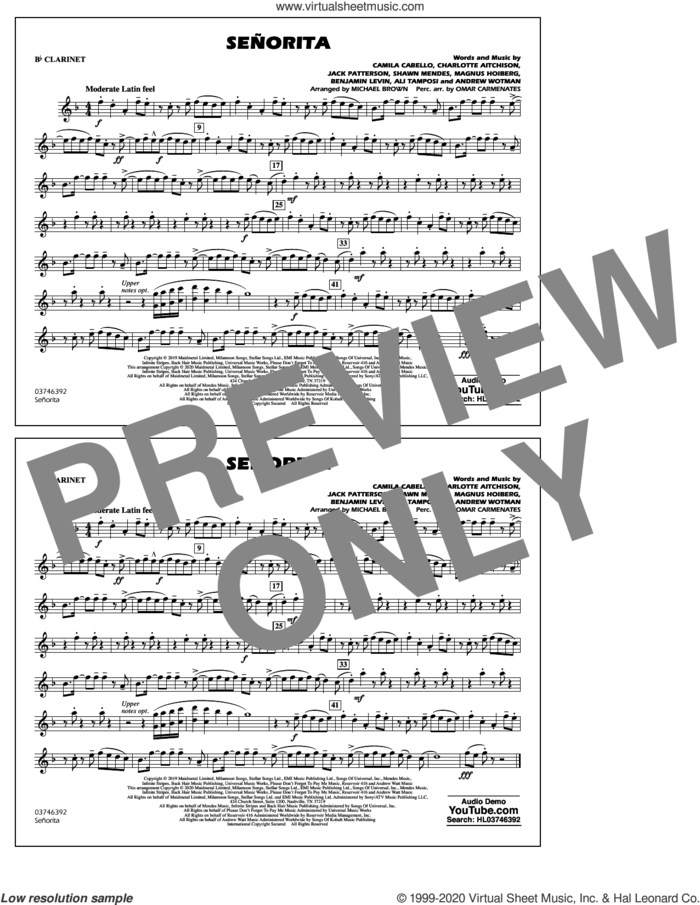 Señorita (arr. Carmenates and Brown) sheet music for marching band (Bb clarinet) by Shawn Mendes & Camila Cabello, Michael Brown, Omar Carmenates, Ali Tamposi, Andrew Wotman, Benjamin Levin, Camila Cabello, Charlotte Aitchison, Jack Patterson, Magnus Hoiberg and Shawn Mendes, intermediate skill level